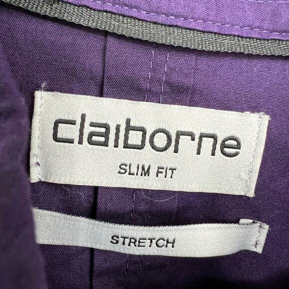Claiborne SMALL Purple Slim Fit Stretch Button Up Dress Shirt Roll Tab Sleeve - Picture 7 of 9